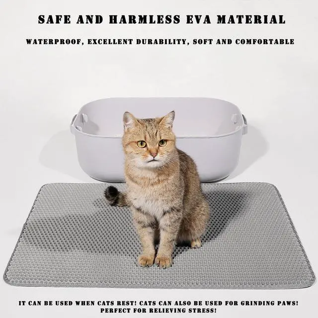 Alt view image 3 of 6 - Cat Litter Mat, 45x26/35x24/30x22/24x18 Inch Double Layer Cat Litter Box Mat, EVA Non-Slip, Waterproof Urine Proof Cat Litter Catcher Mat, Easy Clean Scatter Control (35x24 Inch, Khaki)