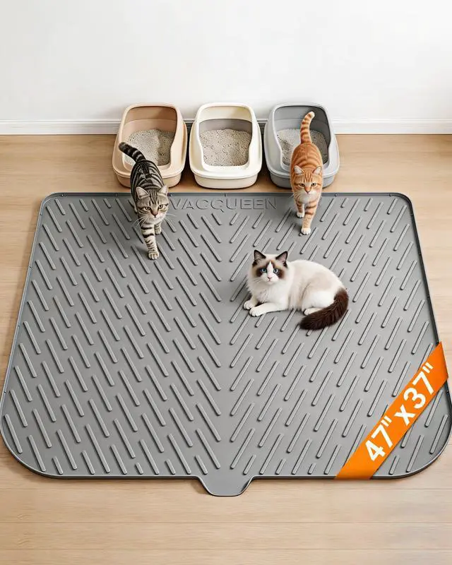 Main image of Cat Litter Box Mat, 47" x 37" Extra Large Cat Litter Mat, Silicone Waterproof Litter Trapping Mat for Scatter Control Soft on Kitty Paws Non-Slip Easy to Clean (Grey)