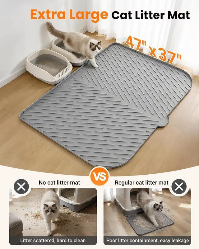 Alt view image 2 of 7 - Cat Litter Box Mat, 47" x 37" Extra Large Cat Litter Mat, Silicone Waterproof Litter Trapping Mat for Scatter Control Soft on Kitty Paws Non-Slip Easy to Clean (Grey)