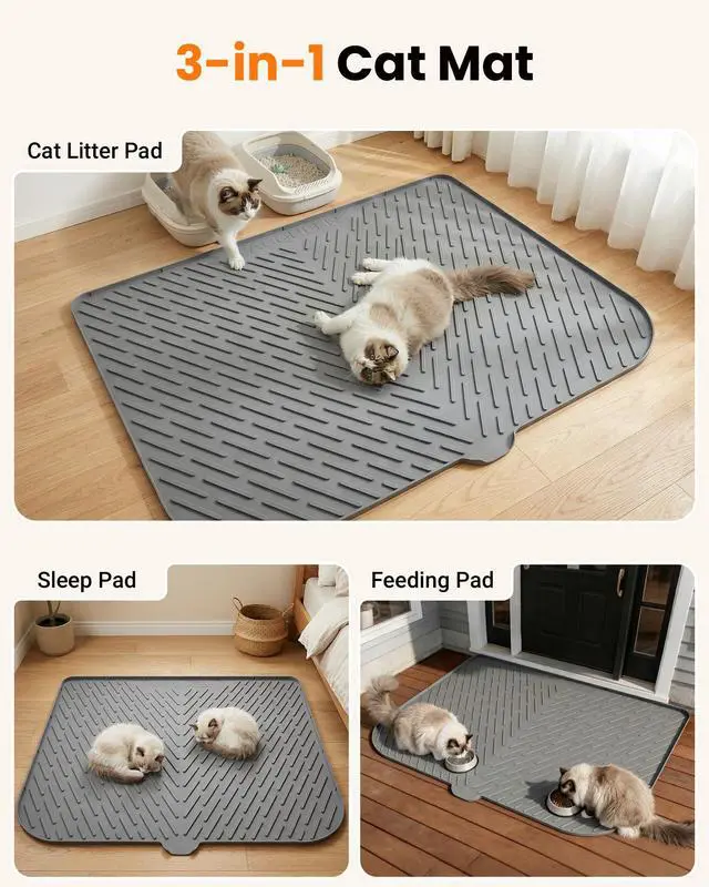 Alt view image 3 of 7 - Cat Litter Box Mat, 47" x 37" Extra Large Cat Litter Mat, Silicone Waterproof Litter Trapping Mat for Scatter Control Soft on Kitty Paws Non-Slip Easy to Clean (Grey)
