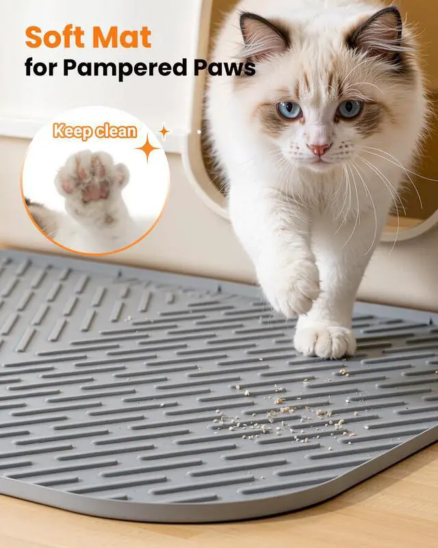 Alt view image 5 of 7 - Cat Litter Box Mat, 47" x 37" Extra Large Cat Litter Mat, Silicone Waterproof Litter Trapping Mat for Scatter Control Soft on Kitty Paws Non-Slip Easy to Clean (Grey)
