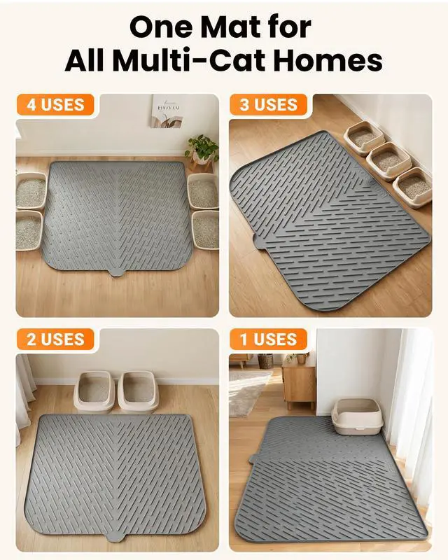 Alt view image 6 of 7 - Cat Litter Box Mat, 47" x 37" Extra Large Cat Litter Mat, Silicone Waterproof Litter Trapping Mat for Scatter Control Soft on Kitty Paws Non-Slip Easy to Clean (Grey)