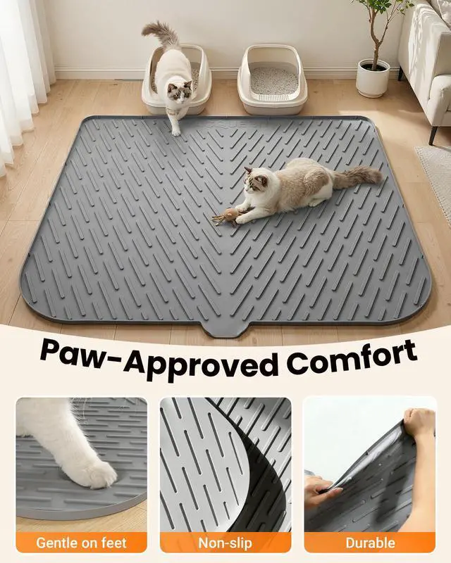 Alt view image 7 of 7 - Cat Litter Box Mat, 47" x 37" Extra Large Cat Litter Mat, Silicone Waterproof Litter Trapping Mat for Scatter Control Soft on Kitty Paws Non-Slip Easy to Clean (Grey)