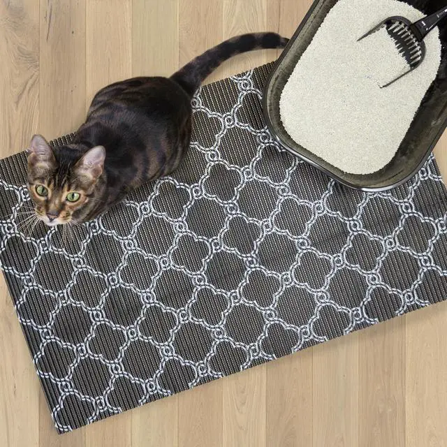 Alt view image 4 of 5 - Durable XL Jumbo Foam Litter Box Mat No Phthalate, Water Resistant, Traps Litter from Box, Scatter Control, Easy Clean Mats Black & White 40"x 25", Black/White Quatrefoil (9036)