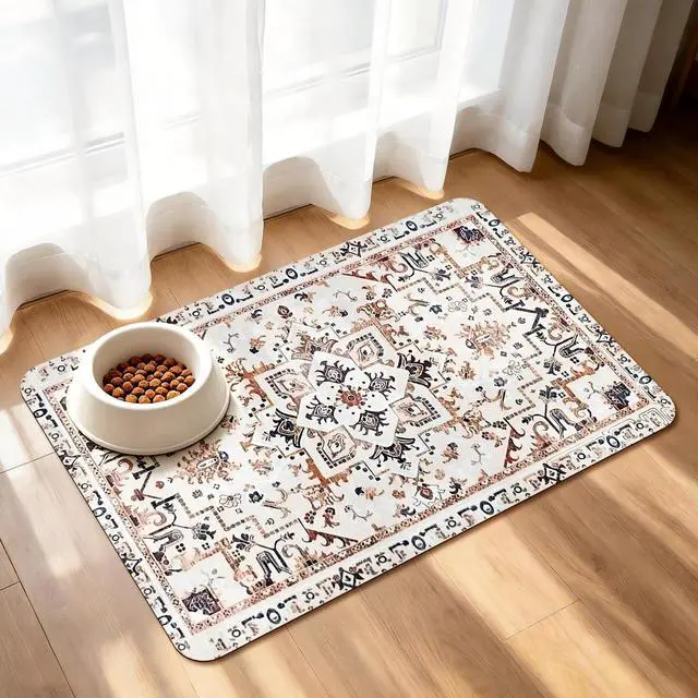 Main image of Dog Feeding Mat, Super Absorbent Dog Mats for Food and Water Bowl, Non Slip Pet Placemat for Floors, No Stains Quick Dry Dispenser Mat for Dog and Cat (Beige, 20"x12")