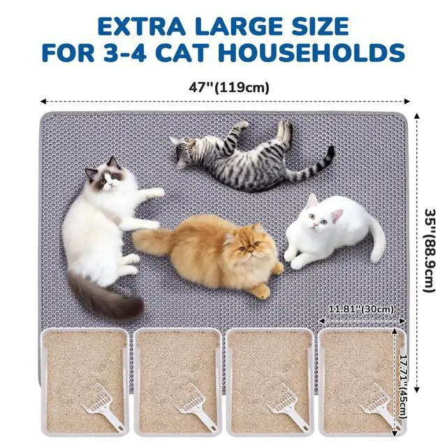 Alt view image 3 of 7 - Cat Litter Mat 47" x 35" Upgraded Felt & Fabric Material Cat Trapping Mat for Fewer Creases, Extra Large Hold 3-4 Litter Boxes Urine-Proof Non Slip, Machine Washable, Soft on Paws, Grey