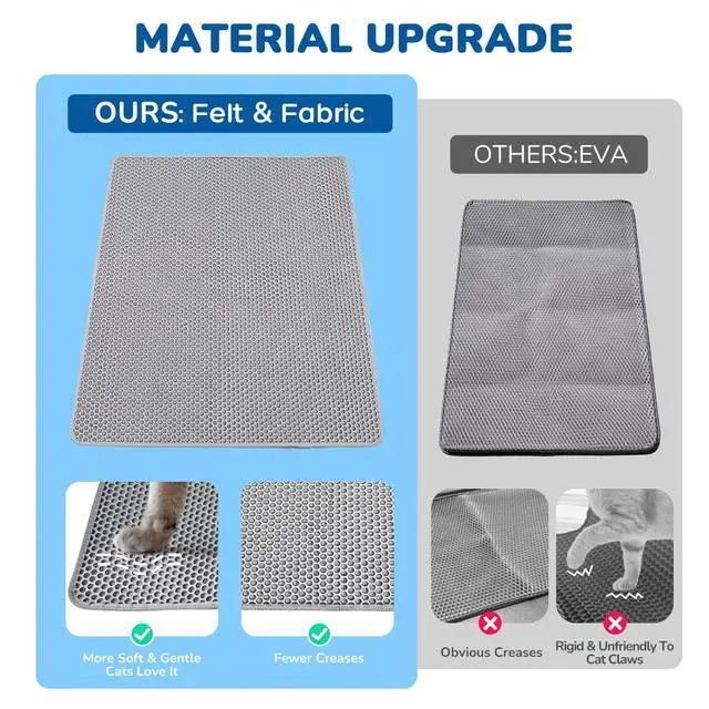 Alt view image 2 of 7 - Cat Litter Mat 47" x 35" Upgraded Felt & Fabric Material Cat Trapping Mat for Fewer Creases, Extra Large Hold 3-4 Litter Boxes Urine-Proof Non Slip, Machine Washable, Soft on Paws, Grey