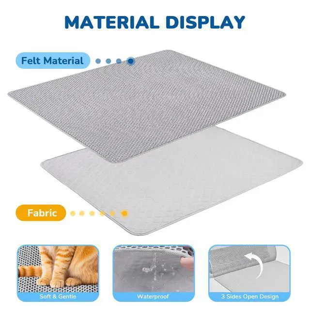 Alt view image 5 of 7 - Cat Litter Mat 47" x 35" Upgraded Felt & Fabric Material Cat Trapping Mat for Fewer Creases, Extra Large Hold 3-4 Litter Boxes Urine-Proof Non Slip, Machine Washable, Soft on Paws, Grey