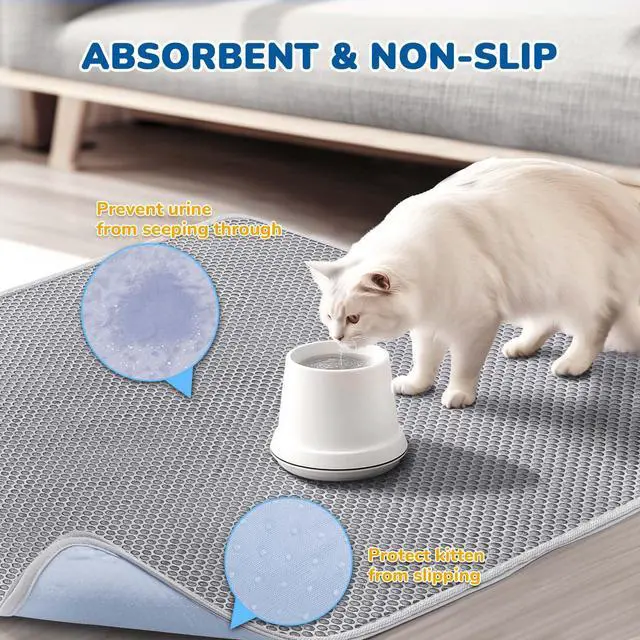 Alt view image 6 of 7 - Cat Litter Mat 47" x 35" Upgraded Felt & Fabric Material Cat Trapping Mat for Fewer Creases, Extra Large Hold 3-4 Litter Boxes Urine-Proof Non Slip, Machine Washable, Soft on Paws, Grey