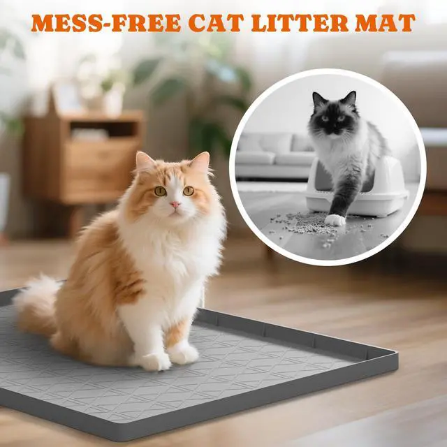 Alt view image 2 of 7 - Large Cat Litter Mat for Litter Box 2 Packs, 34" x 22" Waterproof Silicone Pad for Floor, Easy to Clean, Gray