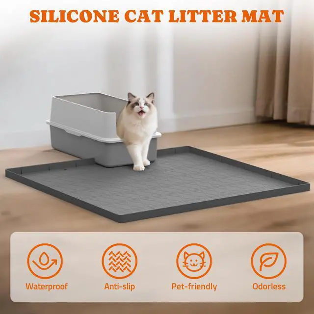 Alt view image 3 of 7 - Large Cat Litter Mat for Litter Box 2 Packs, 34" x 22" Waterproof Silicone Pad for Floor, Easy to Clean, Gray