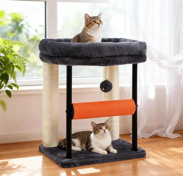 Main image of Cat Tree, Cat Scratching Posts with Bed, Sturdy Tower with Fully Sisal-Wrapped Columns and Plush Toy Ball for Indoor Kittens, 18.9 inches, Smoky Gray MPJ010SG