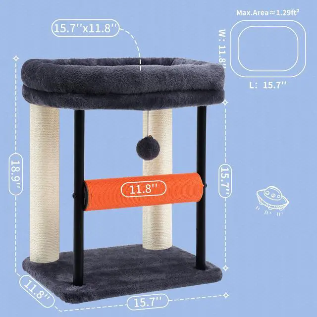 Alt view image 3 of 7 - Cat Tree, Cat Scratching Posts with Bed, Sturdy Tower with Fully Sisal-Wrapped Columns and Plush Toy Ball for Indoor Kittens, 18.9 inches, Smoky Gray MPJ010SG