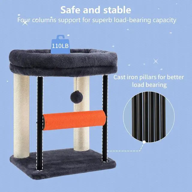 Alt view image 6 of 7 - Cat Tree, Cat Scratching Posts with Bed, Sturdy Tower with Fully Sisal-Wrapped Columns and Plush Toy Ball for Indoor Kittens, 18.9 inches, Smoky Gray MPJ010SG