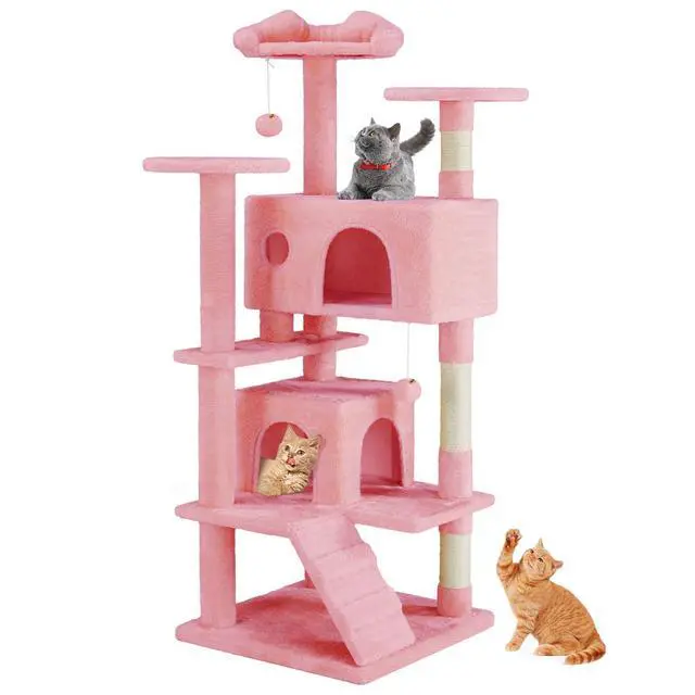 Main image of 54 Inch Cats Tree Tower, Multi-Level with Scratching Post, Indoor Cat Tree Condo with Climbing Ladder, Plush Toy, Play House for Kittens, Pink