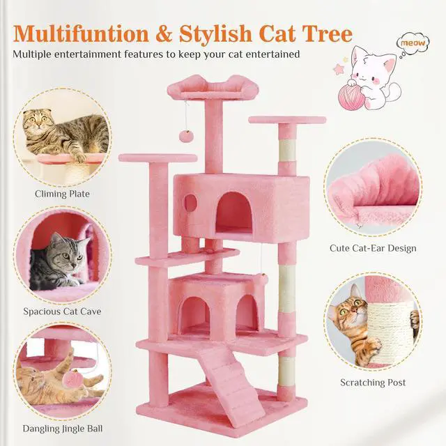 Alt view image 2 of 7 - 54 Inch Cats Tree Tower, Multi-Level with Scratching Post, Indoor Cat Tree Condo with Climbing Ladder, Plush Toy, Play House for Kittens, Pink