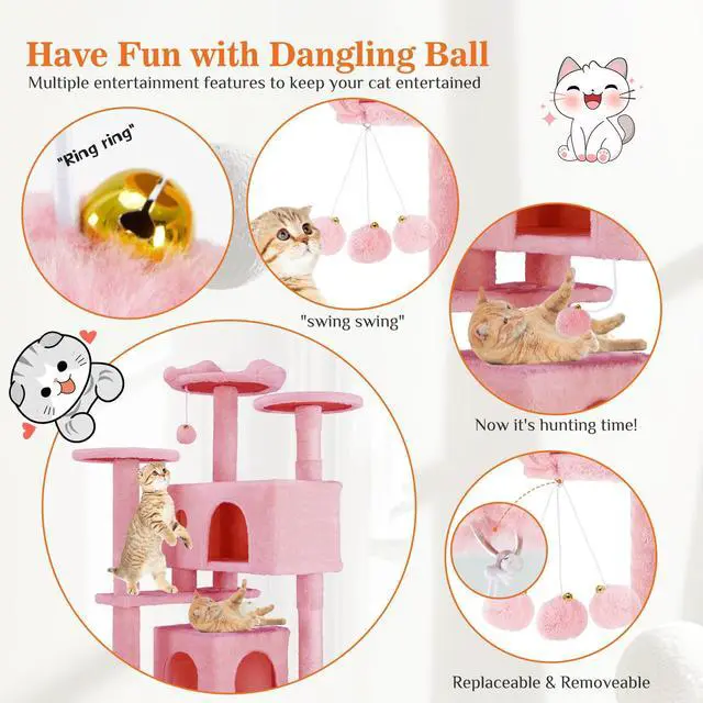Alt view image 3 of 7 - 54 Inch Cats Tree Tower, Multi-Level with Scratching Post, Indoor Cat Tree Condo with Climbing Ladder, Plush Toy, Play House for Kittens, Pink