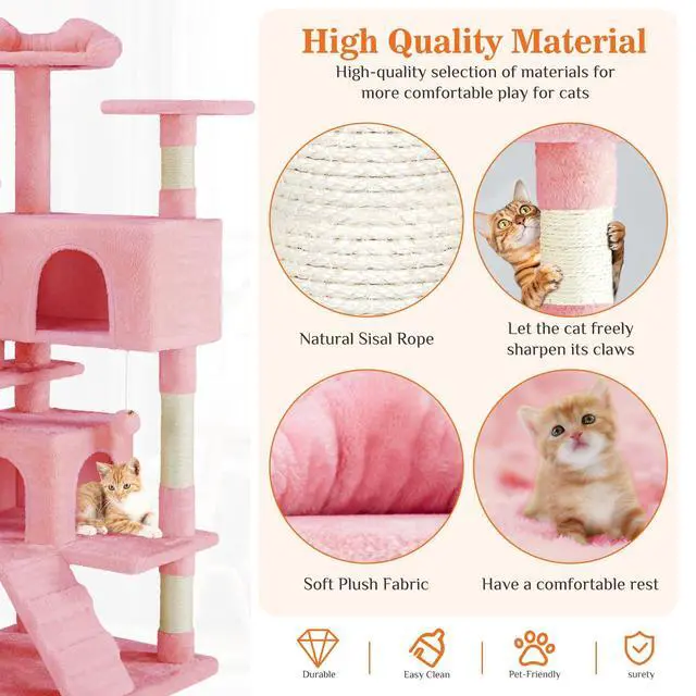 Alt view image 4 of 7 - 54 Inch Cats Tree Tower, Multi-Level with Scratching Post, Indoor Cat Tree Condo with Climbing Ladder, Plush Toy, Play House for Kittens, Pink