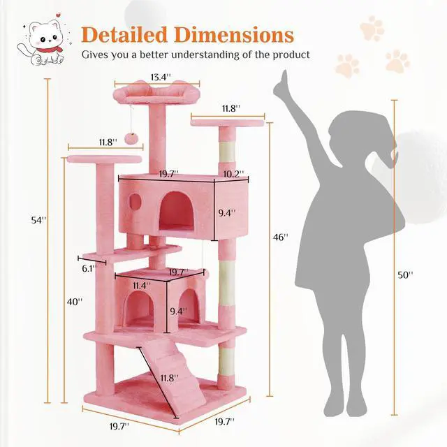 Alt view image 5 of 7 - 54 Inch Cats Tree Tower, Multi-Level with Scratching Post, Indoor Cat Tree Condo with Climbing Ladder, Plush Toy, Play House for Kittens, Pink