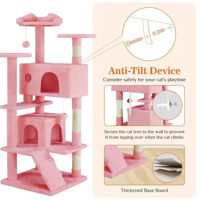 Alt view image 6 of 7 - 54 Inch Cats Tree Tower, Multi-Level with Scratching Post, Indoor Cat Tree Condo with Climbing Ladder, Plush Toy, Play House for Kittens, Pink