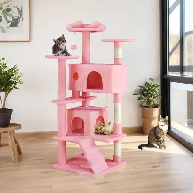 Alt view image 7 of 7 - 54 Inch Cats Tree Tower, Multi-Level with Scratching Post, Indoor Cat Tree Condo with Climbing Ladder, Plush Toy, Play House for Kittens, Pink