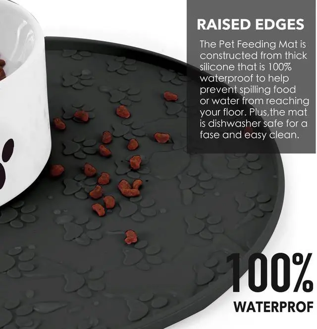 Alt view image 2 of 5 - Silicone Pet Food Mat - Waterproof Dog & Cat Feeding Mat with High Lip to Prevent Spills & Protect Floors, Black