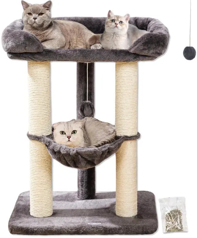 Main image of 28" Cat Tree, Large Bed for Big Cats, Small Cat Tower with Soft Perch for Window Viewing, Stable Cat Tree Tower, Cat Scratching Post with Hammock, Removable Cover-Gray