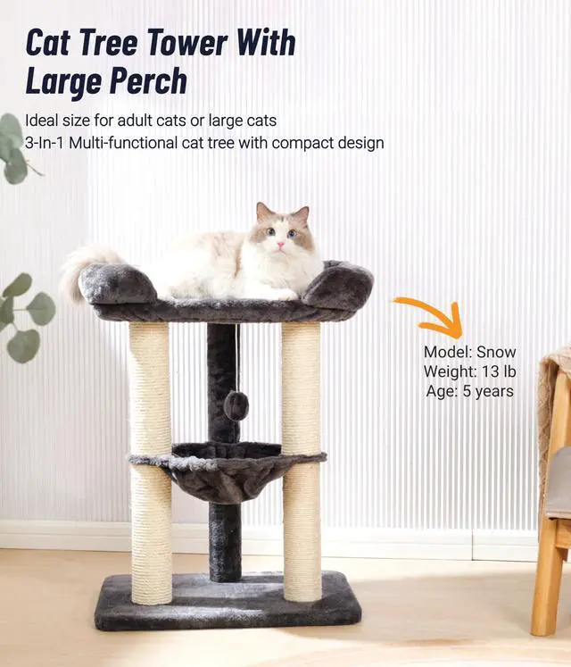 Alt view image 2 of 7 - 28" Cat Tree, Large Bed for Big Cats, Small Cat Tower with Soft Perch for Window Viewing, Stable Cat Tree Tower, Cat Scratching Post with Hammock, Removable Cover-Gray