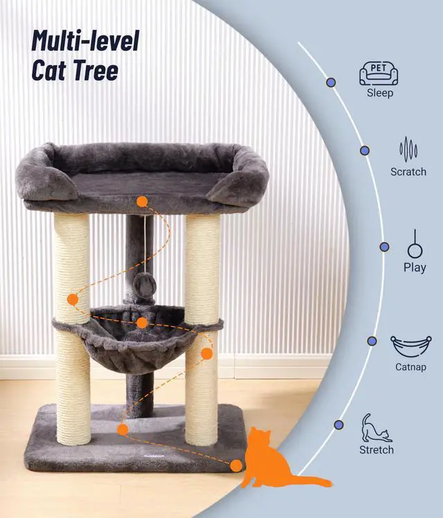 Alt view image 3 of 7 - 28" Cat Tree, Large Bed for Big Cats, Small Cat Tower with Soft Perch for Window Viewing, Stable Cat Tree Tower, Cat Scratching Post with Hammock, Removable Cover-Gray