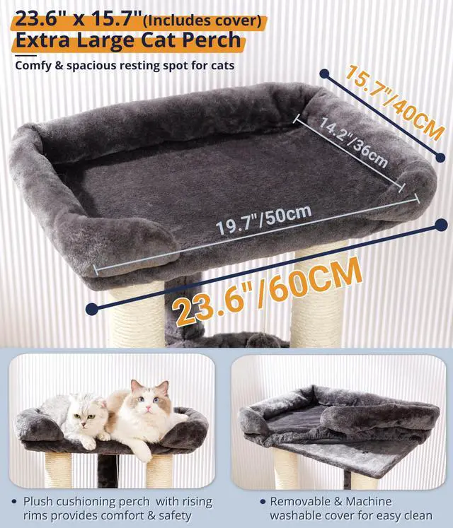 Alt view image 4 of 7 - 28" Cat Tree, Large Bed for Big Cats, Small Cat Tower with Soft Perch for Window Viewing, Stable Cat Tree Tower, Cat Scratching Post with Hammock, Removable Cover-Gray