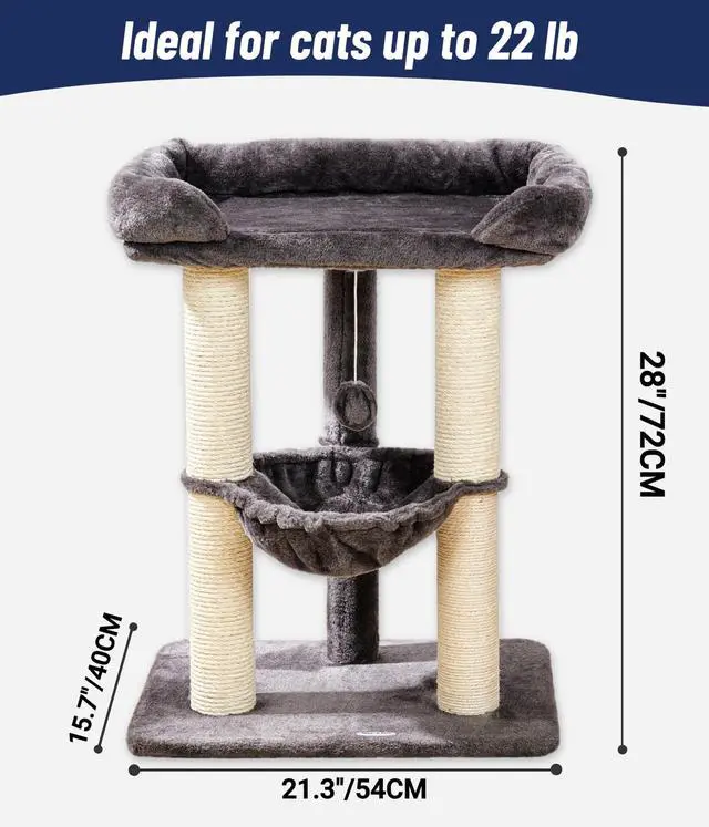 Alt view image 5 of 7 - 28" Cat Tree, Large Bed for Big Cats, Small Cat Tower with Soft Perch for Window Viewing, Stable Cat Tree Tower, Cat Scratching Post with Hammock, Removable Cover-Gray