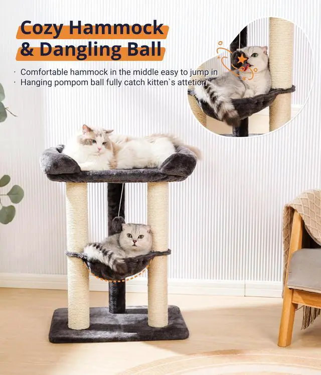Alt view image 6 of 7 - 28" Cat Tree, Large Bed for Big Cats, Small Cat Tower with Soft Perch for Window Viewing, Stable Cat Tree Tower, Cat Scratching Post with Hammock, Removable Cover-Gray