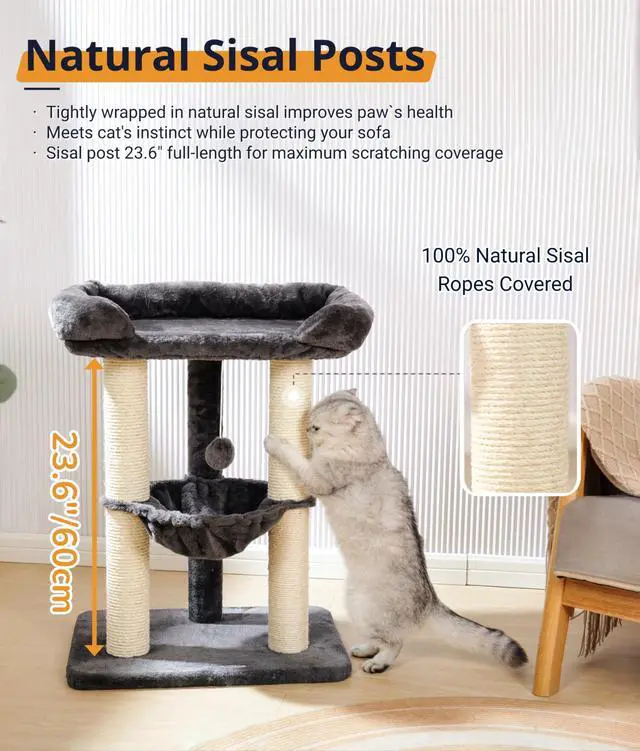 Alt view image 7 of 7 - 28" Cat Tree, Large Bed for Big Cats, Small Cat Tower with Soft Perch for Window Viewing, Stable Cat Tree Tower, Cat Scratching Post with Hammock, Removable Cover-Gray