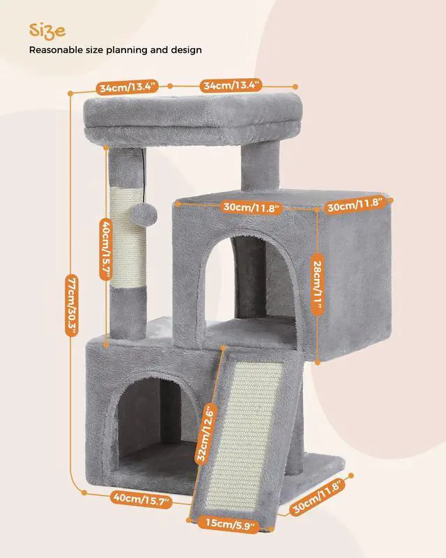 Alt view image 2 of 6 - Cat Tree, 30 Inches Cat Tower with Dual Condos for Indoor Cats, Plush Cat House with Padded Perch, Scratching Ramp and Posts and Replaceable Balls-Gray