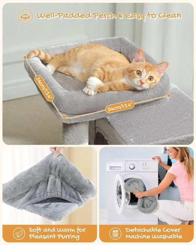 Alt view image 3 of 6 - Cat Tree, 30 Inches Cat Tower with Dual Condos for Indoor Cats, Plush Cat House with Padded Perch, Scratching Ramp and Posts and Replaceable Balls-Gray