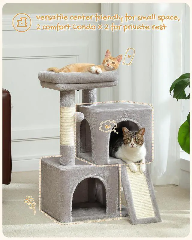 Alt view image 5 of 6 - Cat Tree, 30 Inches Cat Tower with Dual Condos for Indoor Cats, Plush Cat House with Padded Perch, Scratching Ramp and Posts and Replaceable Balls-Gray