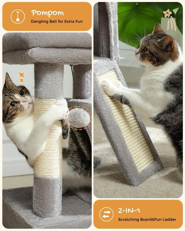 Alt view image 4 of 6 - Cat Tree, 30 Inches Cat Tower with Dual Condos for Indoor Cats, Plush Cat House with Padded Perch, Scratching Ramp and Posts and Replaceable Balls-Gray