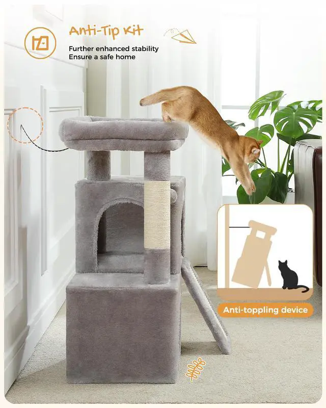 Alt view image 6 of 6 - Cat Tree, 30 Inches Cat Tower with Dual Condos for Indoor Cats, Plush Cat House with Padded Perch, Scratching Ramp and Posts and Replaceable Balls-Gray