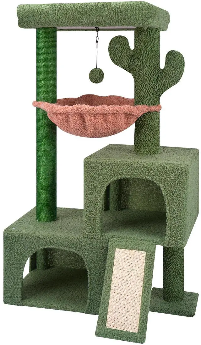 Main image of 37.4" Cactus Cat Tree Tower with Twin Cat Condos for Indoor Cats, All-in-One Activity Center with Cat Scratching Post Cozy Sleeping Perch Hammock and Toy Balls,Green
