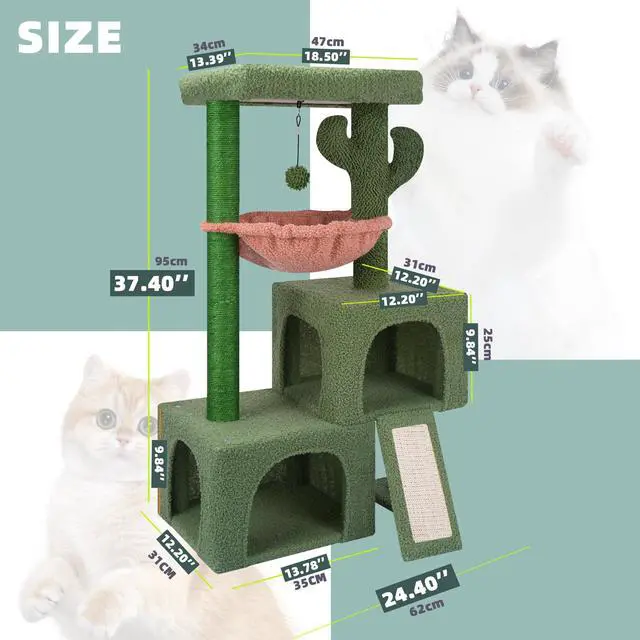Alt view image 2 of 6 - 37.4" Cactus Cat Tree Tower with Twin Cat Condos for Indoor Cats, All-in-One Activity Center with Cat Scratching Post Cozy Sleeping Perch Hammock and Toy Balls,Green