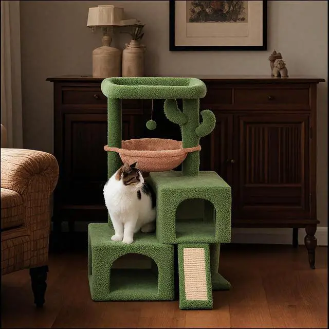 Alt view image 6 of 6 - 37.4" Cactus Cat Tree Tower with Twin Cat Condos for Indoor Cats, All-in-One Activity Center with Cat Scratching Post Cozy Sleeping Perch Hammock and Toy Balls,Green