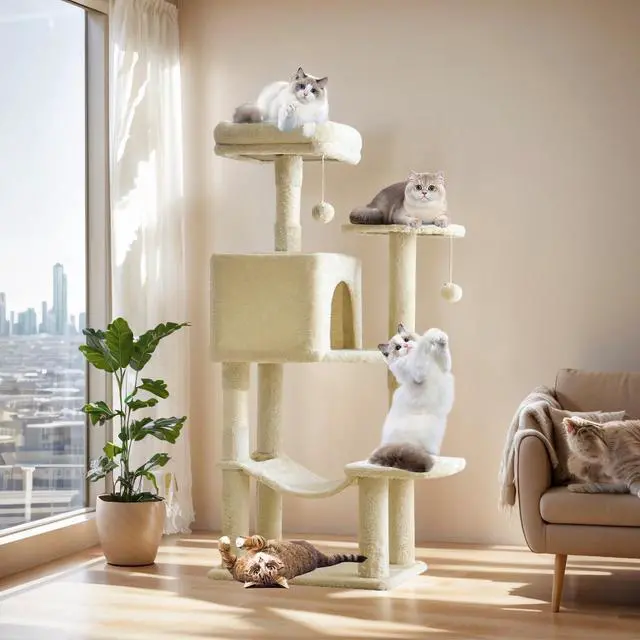 Main image of 44 Inch Cat Tree Tower, Cat Climbing Tower with Natural Sisal Scratching Posts, Hammock, Pet Condo for Indoor Cats and Kittens Play, Beige