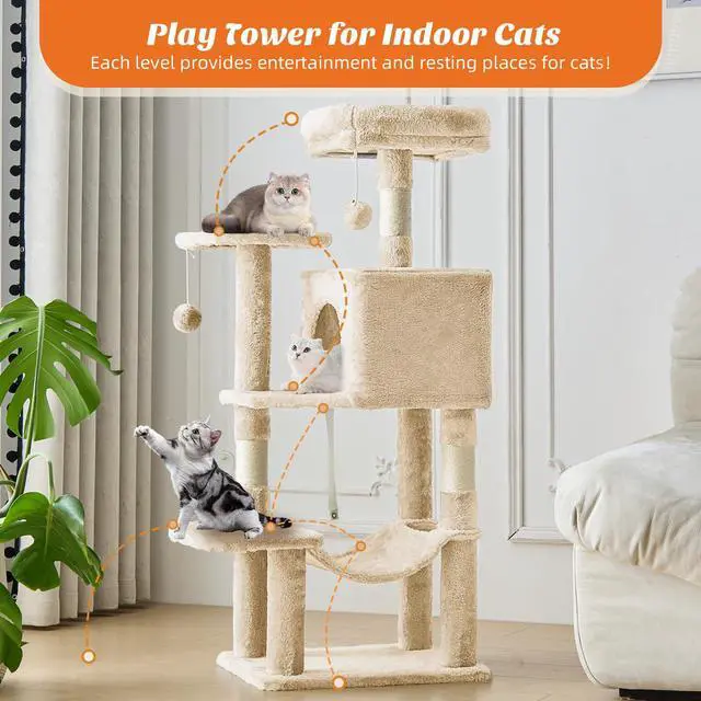 Alt view image 2 of 7 - 44 Inch Cat Tree Tower, Cat Climbing Tower with Natural Sisal Scratching Posts, Hammock, Pet Condo for Indoor Cats and Kittens Play, Beige