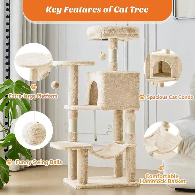 Alt view image 3 of 7 - 44 Inch Cat Tree Tower, Cat Climbing Tower with Natural Sisal Scratching Posts, Hammock, Pet Condo for Indoor Cats and Kittens Play, Beige
