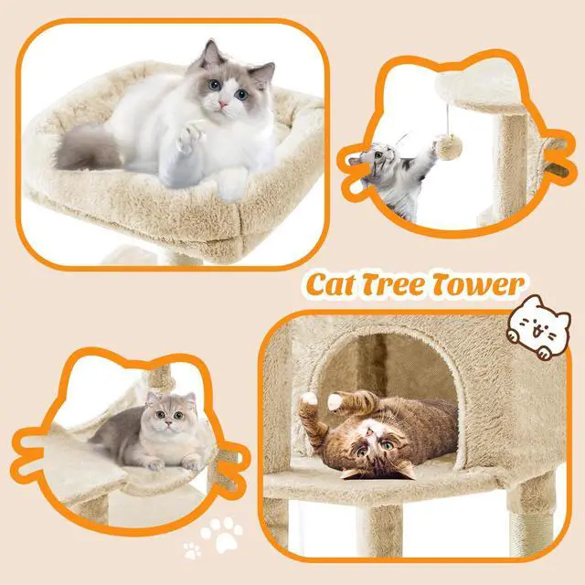Alt view image 4 of 7 - 44 Inch Cat Tree Tower, Cat Climbing Tower with Natural Sisal Scratching Posts, Hammock, Pet Condo for Indoor Cats and Kittens Play, Beige