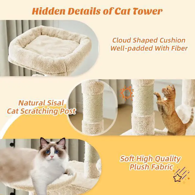 Alt view image 5 of 7 - 44 Inch Cat Tree Tower, Cat Climbing Tower with Natural Sisal Scratching Posts, Hammock, Pet Condo for Indoor Cats and Kittens Play, Beige