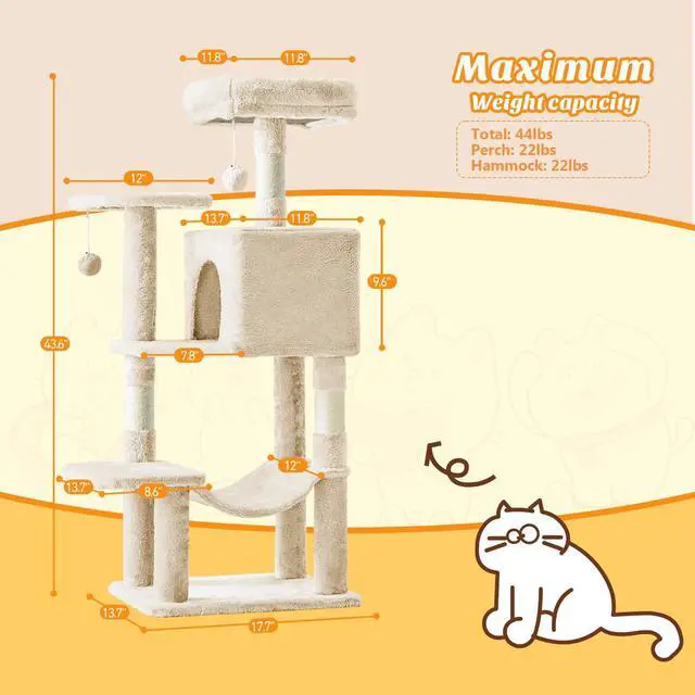 Alt view image 6 of 7 - 44 Inch Cat Tree Tower, Cat Climbing Tower with Natural Sisal Scratching Posts, Hammock, Pet Condo for Indoor Cats and Kittens Play, Beige
