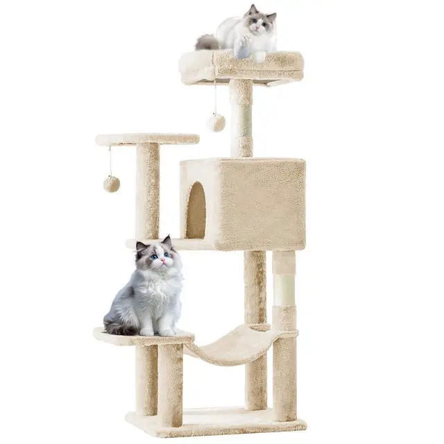 Alt view image 7 of 7 - 44 Inch Cat Tree Tower, Cat Climbing Tower with Natural Sisal Scratching Posts, Hammock, Pet Condo for Indoor Cats and Kittens Play, Beige