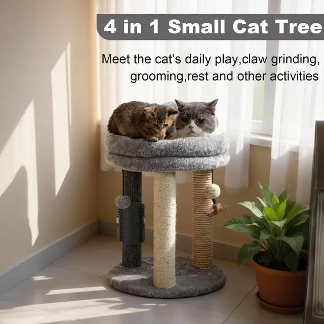 Alt view image 2 of 7 - 4in1 Small Cat Tree,Scratching Post with Tower Soft Bed, Sisal Carpet Jute Posts with Three Hanging Ball Toys and Massage Brush for Indoor Cats and Kittens