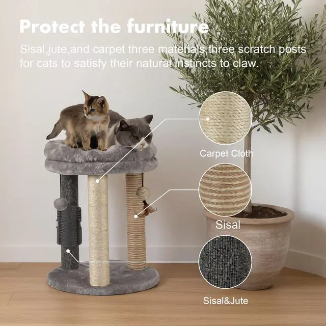 Alt view image 3 of 7 - 4in1 Small Cat Tree,Scratching Post with Tower Soft Bed, Sisal Carpet Jute Posts with Three Hanging Ball Toys and Massage Brush for Indoor Cats and Kittens